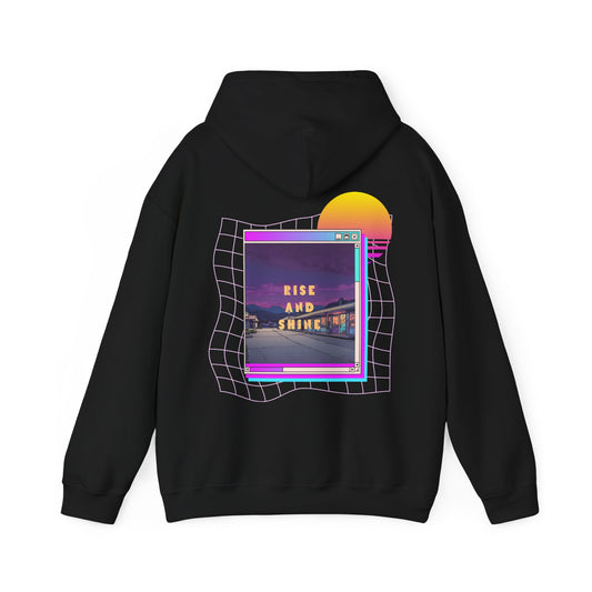 Sunset Drift Rise and Shine 80s Synthwave Unisex Hoodie, Chill Vibe, Retro Aesthetic Jumper, Vintage Style Pullover, Neon Design Top