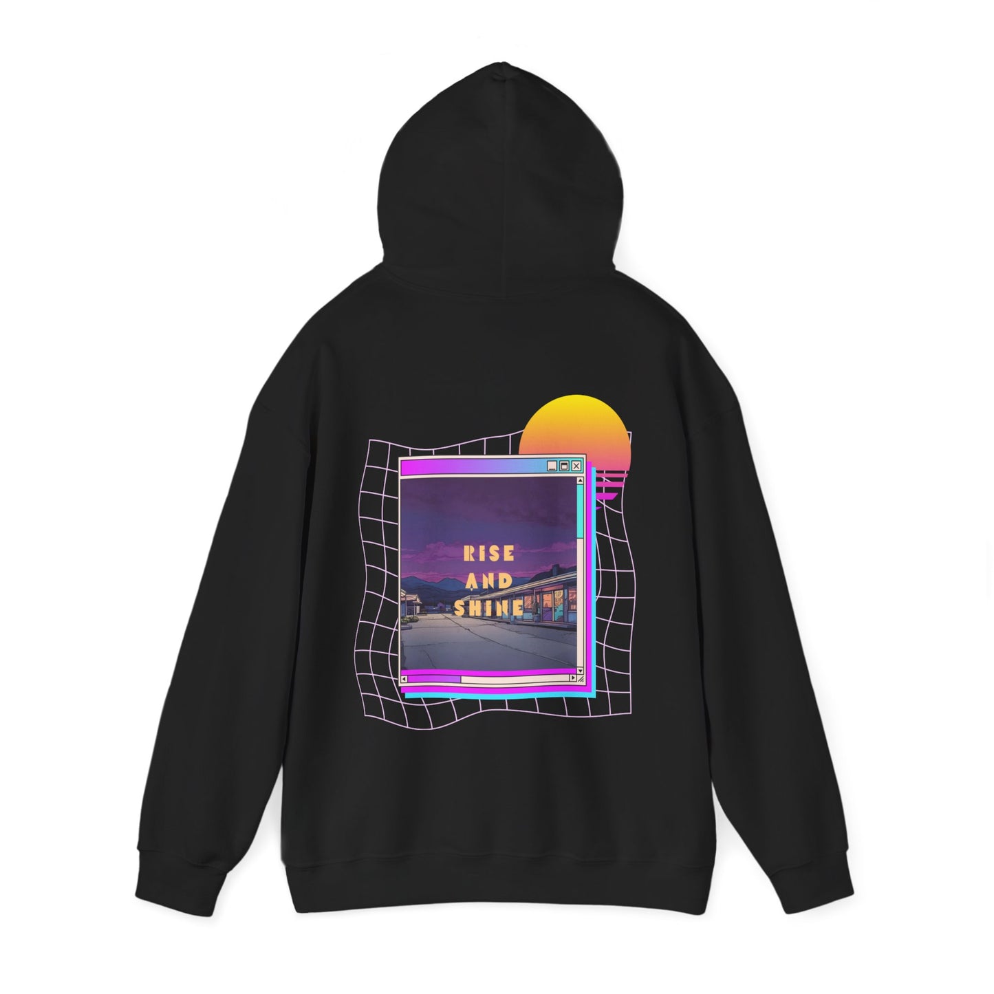 Sunset Drift Rise and Shine 80s Synthwave Unisex Hoodie, Chill Vibe, Retro Aesthetic Jumper, Vintage Style Pullover, Neon Design Top